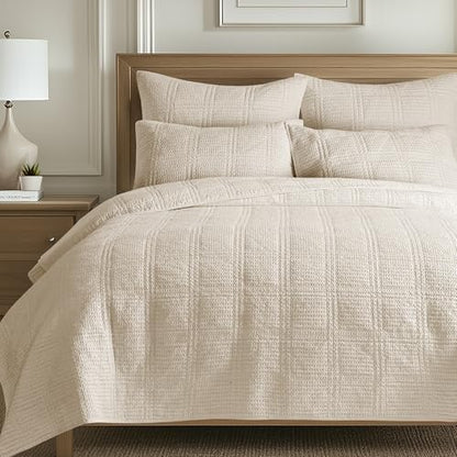 Levtex Home Cloud Waffle King/Cal King Quilt Set (106x92in) and 2 Pillow Shams (36x20) - Box Quilted Waffle Texture - Undyed Cream - Cotton King Size Quilt Bedding Set - Lightweight Soft Pre-Washed