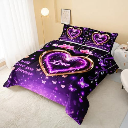 QOOMO Purple Love Heart Kids Comforter Set Queen Size