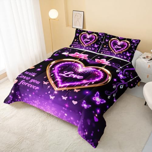 QOOMO Purple Love Heart Kids Comforter Set Twin Size