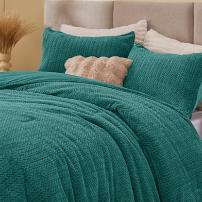 ChiXpace Fleece Twin Size Comforter Set Teal, Fluffy Bed Set 2 Pieces