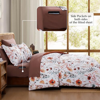 Queen Comforter Set - 7 Pieces Soft Floral Bed in a Bag Queen Bedding Sets