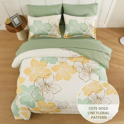 Luxudecor Sage Green Floral Comforter Set Queen Size, 7 Pieces Bed in a Bag Gold Glitter Metallic Comforter and Sheet Set, Soft Microfiber Complete Bedding Sets for All Seasons