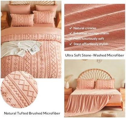 MR&HM King Size Comforter Set 7 Pieces, Boho Tufted Bedding Set Coral Pink