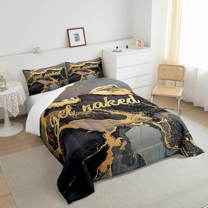 Homewish Get Naked Comforter Set Full Size,Gold Glitter Black Marbling Print Bedding Set for Adult Women Men Room Decor,Valentine's Day Funny Quotes Quilt Set Luxury Black Duvet Insert,2 Pillowcases