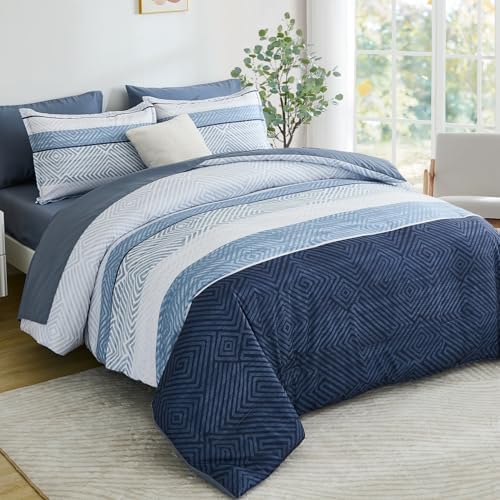 Comforter Set Queen Size 7 Piece Bed in a Bag Boho Blue Striped Bedding Set