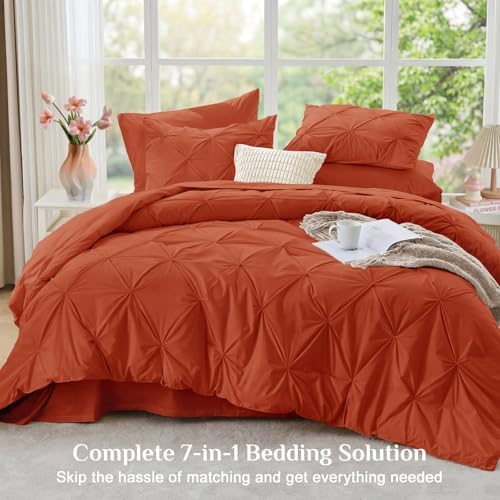 JOLLYVOGUE California King Comforter Set 7 Pieces - Bed in a Bag Cal King for All Season, Pintuck Bedding Comforter Sets with Comforter, Flat Sheet, Fitted Sheet and Pillowcases & Shams, Burnt Orange