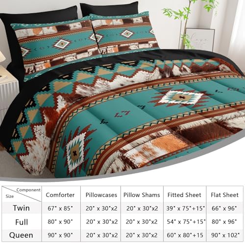 AILONEN Ethnic Cowhide Pattern Comforter Set Queen,7-Piece Soft Bed in a Bag,Western Cow Fur Comforter & Fitted Sheet & Flat Sheet & 2 Pillowcases,2 Pillow Shams for Bedroom