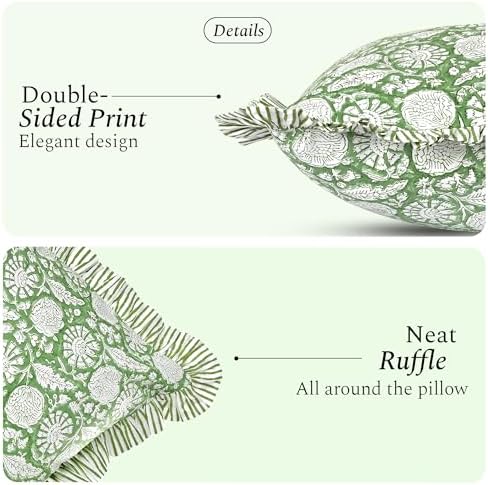 CPC Block Print Olive Bloom Ruffle Cotton Lumbar Pillow Cover 14x36 inch