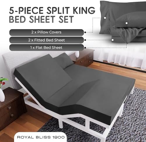 Split King Sheets Set with 2 Twin XL Fitted Sheet - 5 Piece Bedding - Wrinkle Free, Fade Resistant, Double Brushed Microfiber - Deep Pockets/Easy Fit (Dark Grey)