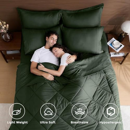 HEVUMYI 7-Piece Oversized Queen Comforter Set, Dark Green Bed in a Bag