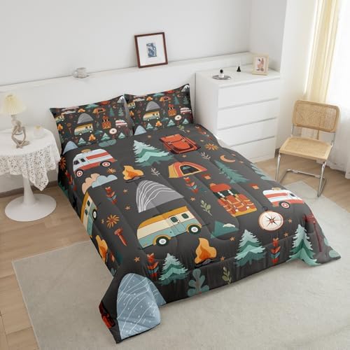 Feelyou Happy Camping Comforter Set for Kids Boys Girls King Size Travel Bag Tent Print Bedding Set Soft Outdoor Themed Duvet Quilt Camping Gifts Comforter Travel Trailers Duvet Quilt