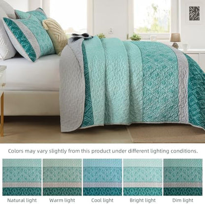 Cottolester Boho Quilt Set California King Size,Teal Blue Striped Bedspread