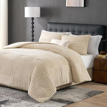 Plush Fleece Comforter Set with Stripe Jacquard Design, Creamy Beige, Queen