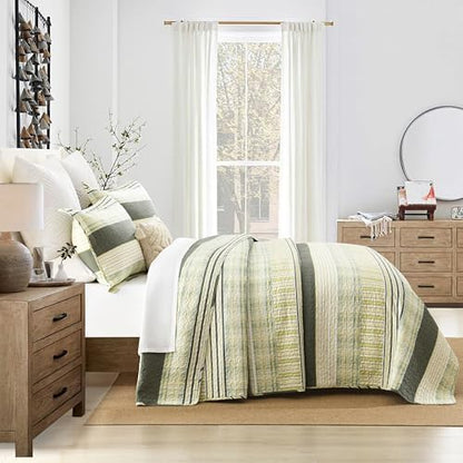 Homzard Queen Quilt - Cotton Comforter Set Queen Size, Green Yellow Striped Quilt Set,Olive Green Plaid Quilted Bedspread, Lightweight Bedding Comforter 3 Pieces All Season