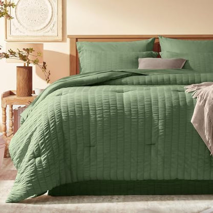 Laojin Balhen Queen Comforter Set 7 Pieces, Olive Green Seersucker Bed in a Bag Set Queen Size, All Season Luxury Bedding Sets with Comforter, Sheets, Pillowcase & Sham