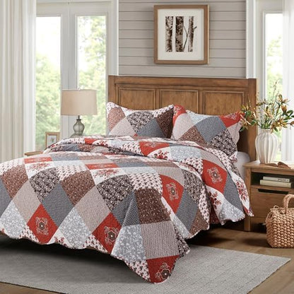 HoneiLife Quilt Set Queen Size - 3 Piece Microfiber Bedspread Reversible Coverlet Patchwork Bedding Set Lightweight Bedcover Floral Bedspreads All Season Quilts-Amaranth Red