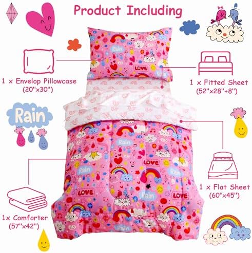 Mooreeke Toddler Bedding Sets for Girls,4 Pieces Pink Rainbow Cloud