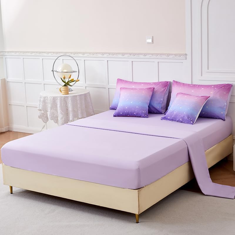 Helloosun 7PCS Pink and Purple Comforter Set Twin,Girls Galaxy Bedding Set,Purple Bedding Twin,Bed in A Bag Comforter for Children Girls Teen Kids,Bedroom Bed Decoration