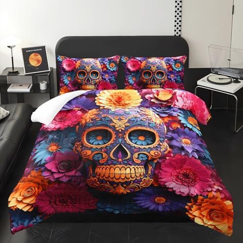Pink Sugar Skull King Size Comforter Set，Girls Colorful Floral Skull King Size Bedding Set，with 1 Comforter with 2 Pillow Case