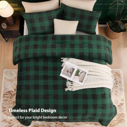 Litanika Velvet Flannel Plaid Comforter Set Twin, 3 Pcs Green Blanket