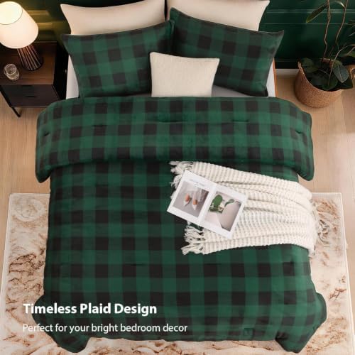 Litanika Velvet Flannel Plaid Comforter Set Queen, 3 Pcs Green Blanket