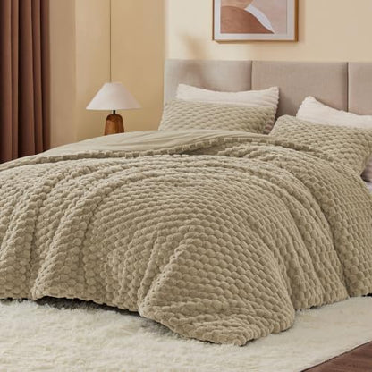 BEDELITE Fluffy King Size Comforter Set, Taupe Fleece Bed Set 3 Pieces