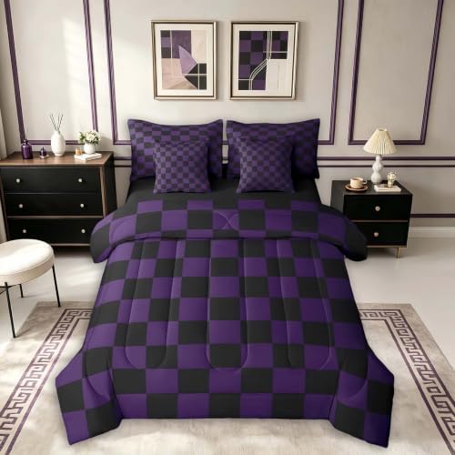Feelyou Checkered King Comforter Set with Sheets for Kids Boys Girls Purple Black Plaid 7 Pieces Bedding Set Cute Retro Neutral Checkerboard Geometric Bed in a Bag Vintage Aesthetic Room Decor Soft
