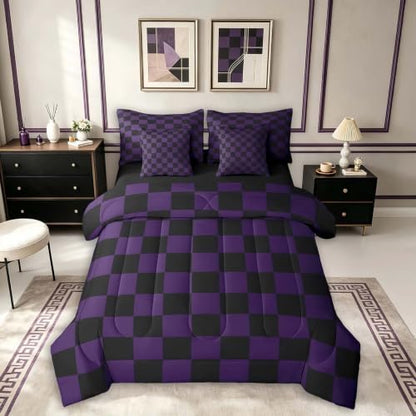 Feelyou Checkered Full Comforter Set with Sheets for Kids Boys Girls Purple Black Plaid 7 Pieces Bedding Set Cute Retro Neutral Checkerboard Geometric Bed in a Bag Vintage Aesthetic Room Decor Soft