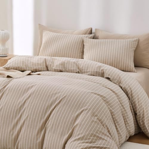 Wake In Cloud Striped Cotton Duvet Cover Set, Tan, Full