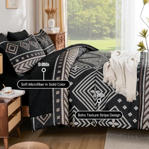 Yiran Boho Comforter Set Queen Size, 7 Pieces Aztec Black Bed in a Bag