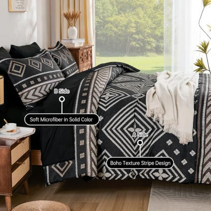 Yiran Boho Comforter Set Queen Size, 7 Pieces Aztec Black Bed in a Bag