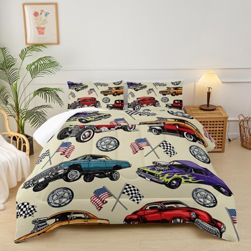 Race Car Comforter Set Queen for Boys, Vintage Race Car Queen Size Bedding, Soft American Flag Comforter, Cars Themed Bedroom Decor,Ideal for Race Car Lovers