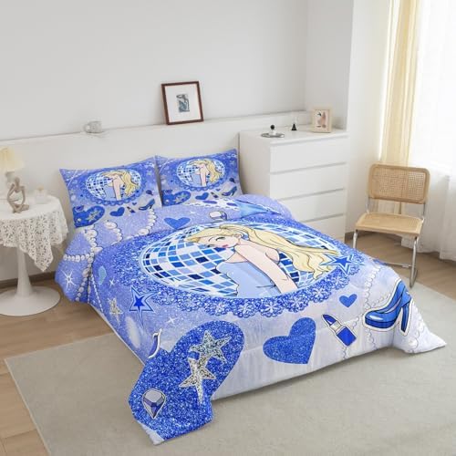 Princess Girly Kids Comforter Set King Size,Bowknot High-heeled Shoes Lip Dreamy Bedding Set,Girls Women Room Decor,Glitter Sequin Star Diamond Down Comforter,Blue Noble Duvet Insert,2 Pillowcases