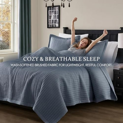 WDCOZY Dusty Blue Twin Size Quilt Set, Striped Pick Stitch Bedspread