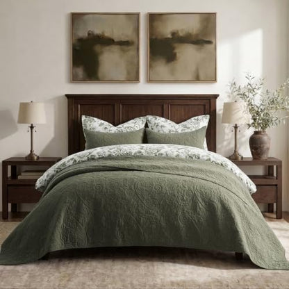 EVERGRACEHOME 100% Cotton Paisley Quilt Set, Oversized King, Olive Green