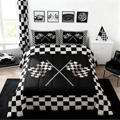 Castle Fairy Checkered Flag King Size Comforter Set Kids Geometric Grid Decor All Season Bedding Set for Girls Teens Black and White Comforter Racing Theme Decor Quilt Set Bedroom Collection 3Pcs