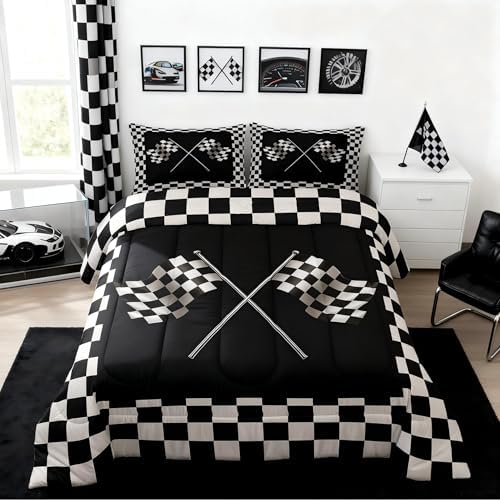 Castle Fairy Black White Comforter Set Queen Size Racing Car Bedding Set for Kids Boys Girls Bedroom Decoration Checkered Squares Bed Duvet Insert Extreme Sports Comforter with 2 Pillowcase