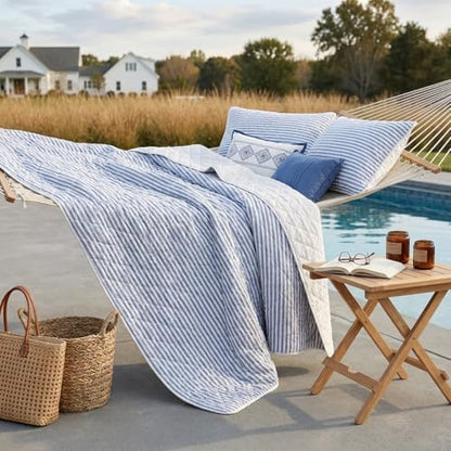 Wonderful - Blue Classic Ticking Stripe Quilt Set Twin Size, 2-Piece 100% Cotton Face & Fill Nautical Coastal Bedding, Rustic Farmhouse Bedspread Coverlet for All Season