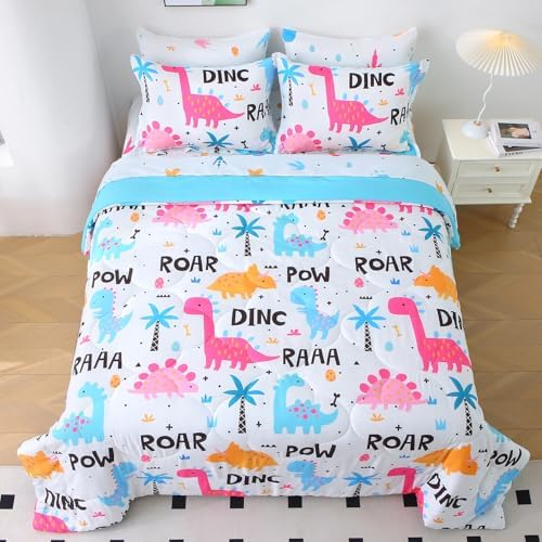 Wajade 7 Piece Kid Girls Dinosaur Comforter Set Queen Size 3D Pink Dinosaur Wild Park Jungle Print Bedding Set with Comforter, Sheet Set, Pillowcase and Sham
