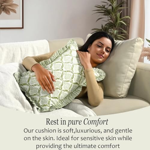 CPC Block Print Fern Regal Ruffle Cotton Lumbar Pillow Cover 12x20 inch