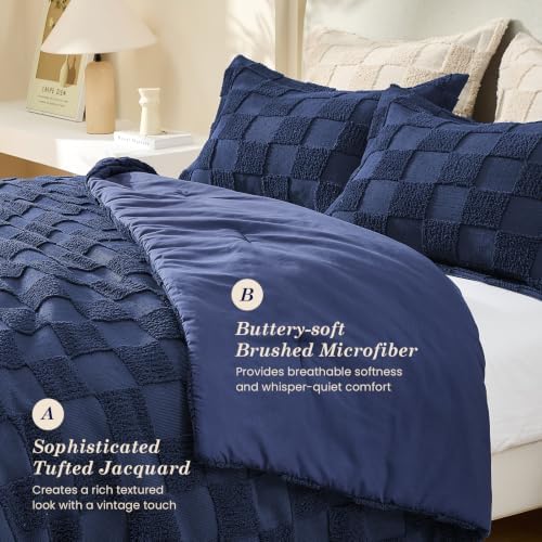 Sasttie Queen Comforter Set, 3 PC Boho Tufted Bed, Checkered Bedding, Navy