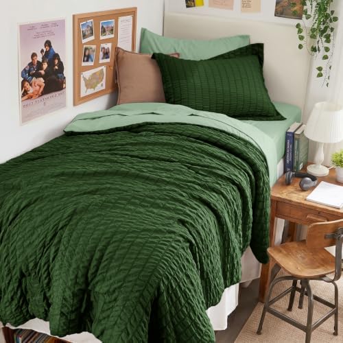HYMOKEGE Dark Green/Sage Green Twin Comforter Set Seersucker 5 Pieces, All Season Luxury Bed in a Bag for Bedroom, Bedding Set with Comforter, Sheets, Pillowcase & Sham