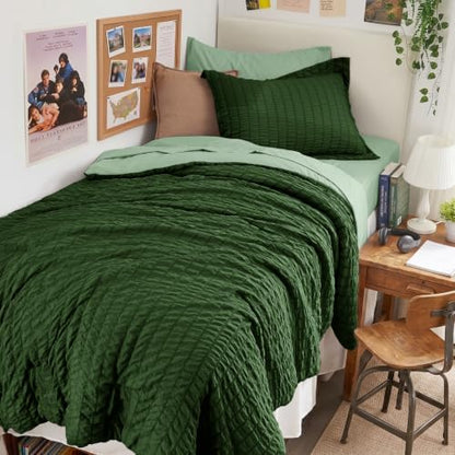 HYMOKEGE Dark Green/Sage Green Twin Comforter Set Seersucker 5 Pieces, All Season Luxury Bed in a Bag for Bedroom, Bedding Set with Comforter, Sheets, Pillowcase & Sham