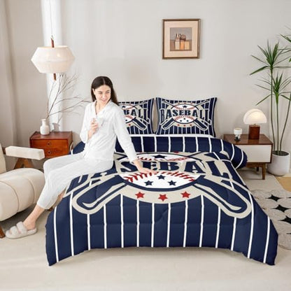 Castle Fairy Baseball Comforter Set King Size Kids Bedding 3Pcs for Boys Girls Men Adult Bedroom Decor Blue Black White Stripes Quilt Modern Fashion Duvet Insert,2 Pillowcases (ZZRS3575ZMD-BZ_USk)