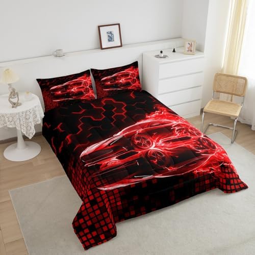 Feelyou Race Car Flame Comforter Set for Kids Boys Teens Toddler Size Speed Sports Bedding Set Ultra Soft Honeycomb Duvet Quilt Cool Modern Grid Comforter Bedroom Decor Extreme Sports Duvet Quilt