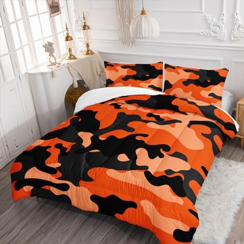 Nttopship Camo Comforter Set for Girls Men，King Size Orange Camouflage Bedding Sets for Kids Boys,Ultra Soft Lightweight Bedding Sets，Kids Room Decor with 1 Comforter with 2 Pillow Case