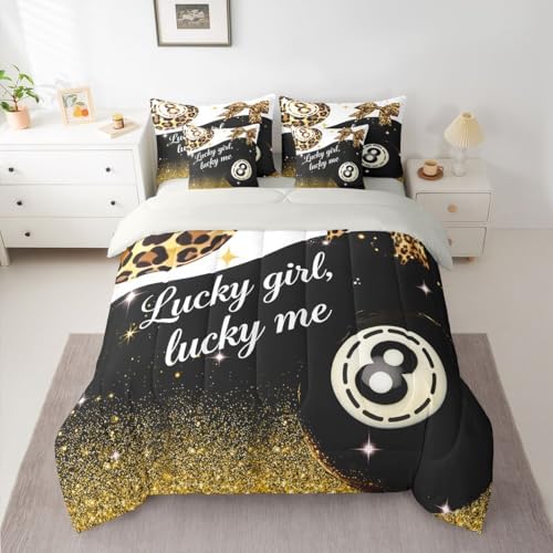Erosebridal Leopard Print Lucky 8 Ball 7 Piece Bedding Set Full Size,Preppy Cheetah Bow Comforter Set For Kids Adults,Fashion Trendy Y2K Bed In A Bag With Sheets Black Golden Luxurious Sequins Bed Set