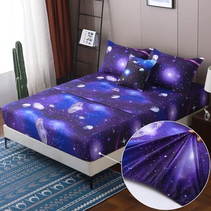 JQinHome Twin Galaxy Comforter Sets 6 Piece Bed in A Bag, Outer Space Themed Bedding for Children Boy Girl Teen Kids,1 Comforter, 1 Flat Sheet, 1 Fitted Sheet, 2 Pillowshams, 1 Cushion Cover(Purple)