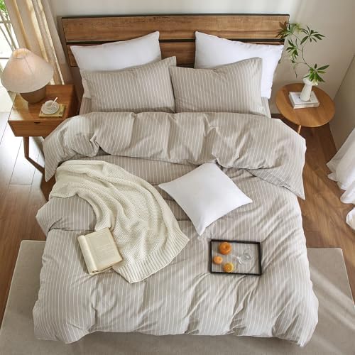 Striped Duvet Cover Set 3 Piece 100% Washed Cotton Linen Like Textured Bedding Set Comfy Breathable (Full, Wide Stripe-Beige Grey/White)