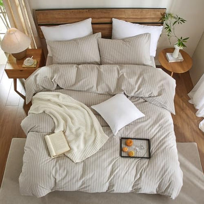 Striped Duvet Cover Set 3 Piece 100% Washed Cotton Linen Like Textured Bedding Set Comfy Breathable (Full, Wide Stripe-Beige Grey/White)